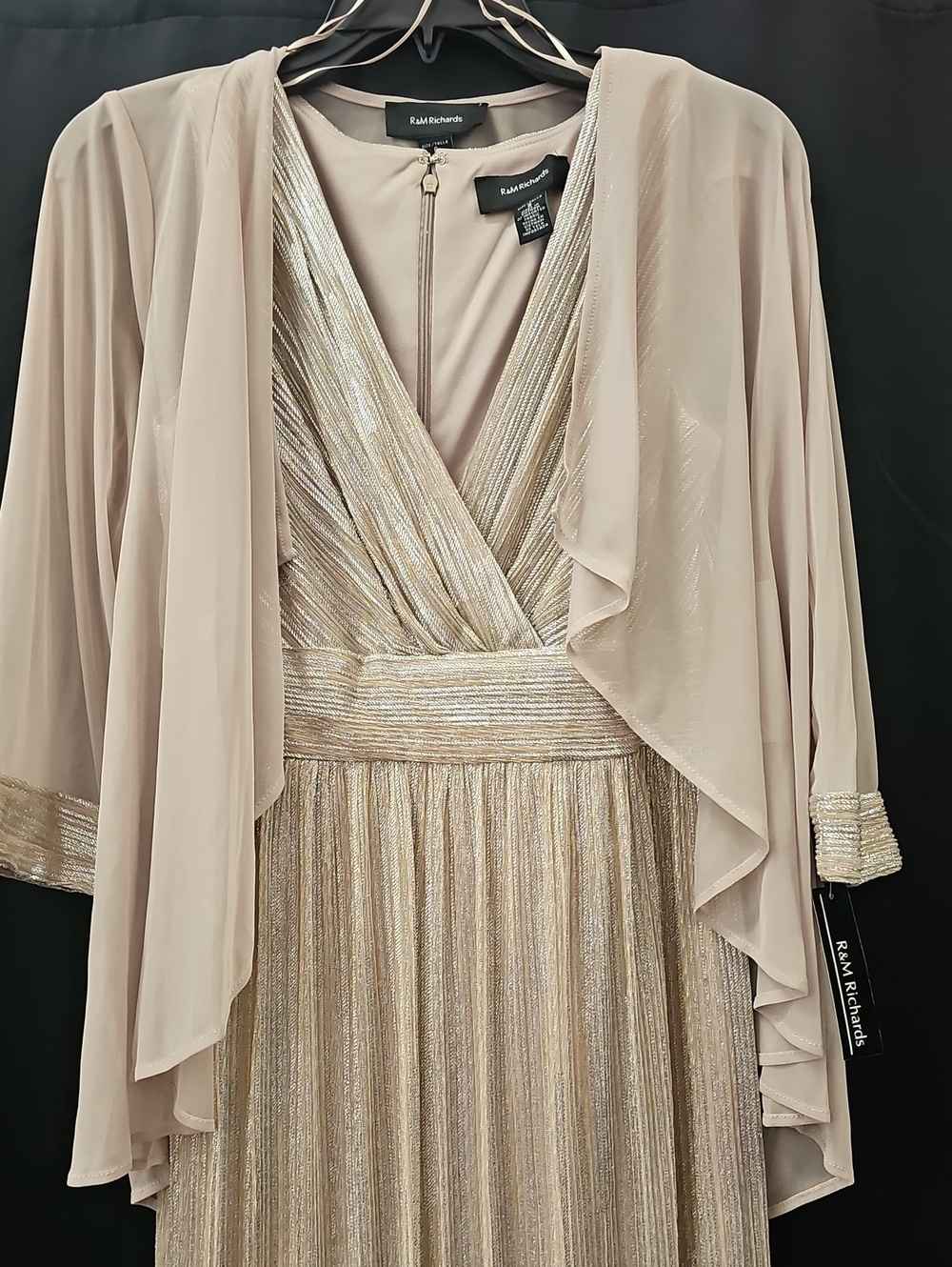 R&M Richards Champagne and Gold Metallic V-Neck Evening Dress with Jacket